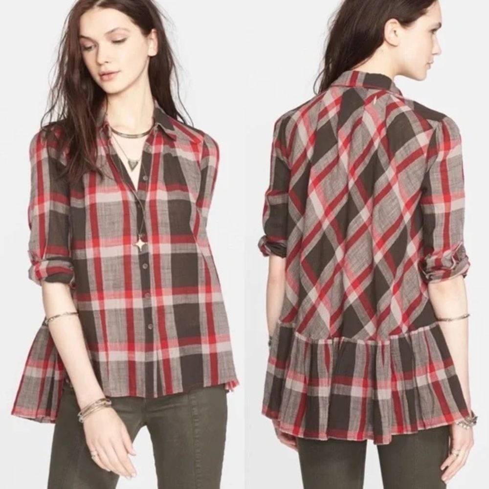 Free People Plaid Shirt with Ruffle Detail Size Small Peppy in Plaid